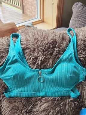 Juniors Cupshe Teal Ribbed Ring-Zip Bathing Suit Top Juniors Med